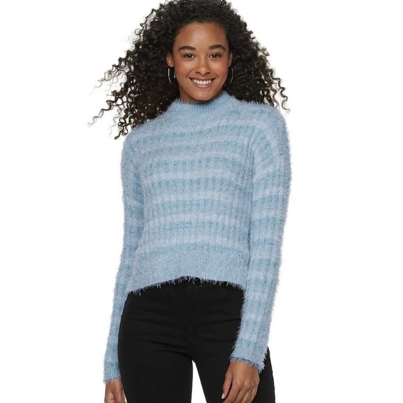 NWT•Candie's Cozy & Soft Mock Neck Pullover Crop Sweater in Blue Stripe-Size L - Picture 10 of 10